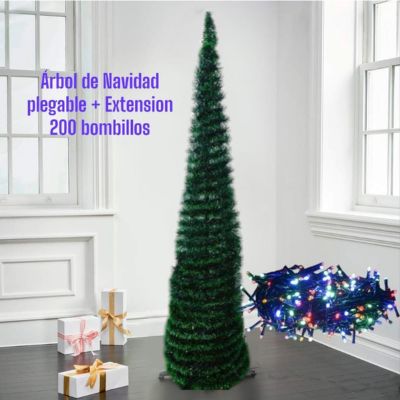 ÁRBOL DE NAVIDAD PLEGABLE RÁPIDO Y FÁCIL DE ARMAR + EXTENSIÓN NAVIDEÑA DE 200 BOMBILLOS T