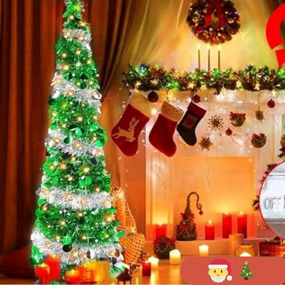 ÁRBOL DE NAVIDAD PLEGABLE RÁPIDO Y FÁCIL DE ARMAR + EXTENSIÓN NAVIDEÑA DE 200 BOMBILLOS T