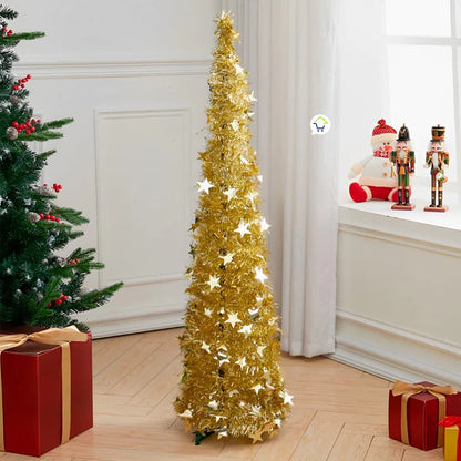 ÁRBOL DE NAVIDAD PLEGABLE RÁPIDO Y FÁCIL DE ARMAR + EXTENSIÓN NAVIDEÑA DE 200 BOMBILLOS T